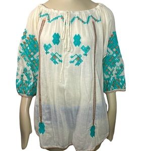 BIYA Johnny WAS detailed teal embroidered tunic top tie neck size medium